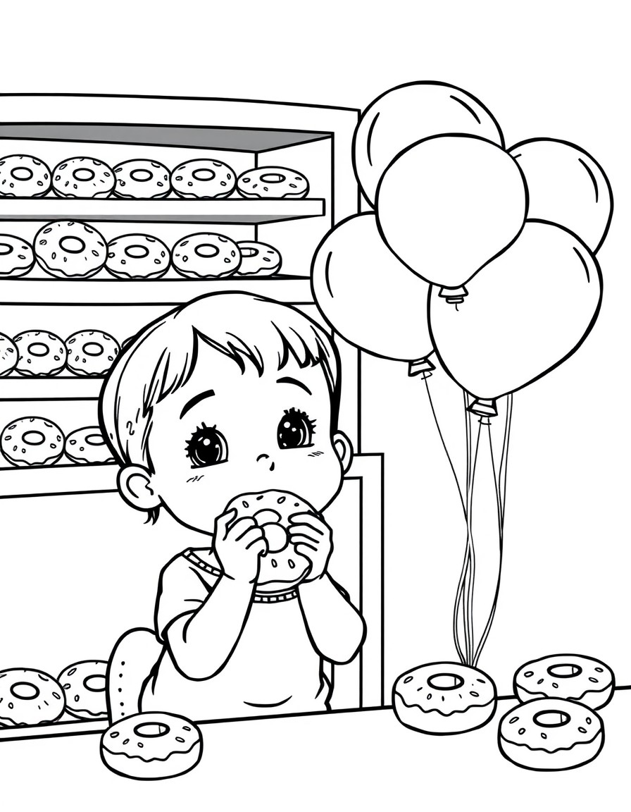 Little girl eating a donut lots of donuts on the shelf behind her helium balloons floating around