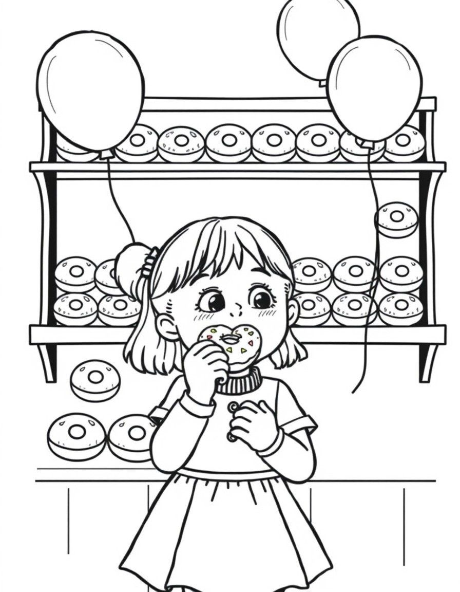 Little girl eating a donut lots of donuts on the shelf behind her helium balloons floating around