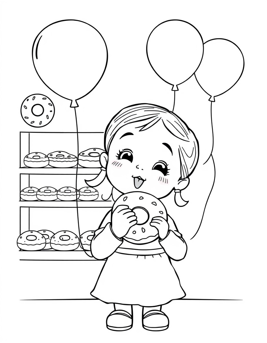 Little girl eating a donut lots of donuts on the shelf behind her helium balloons floating around