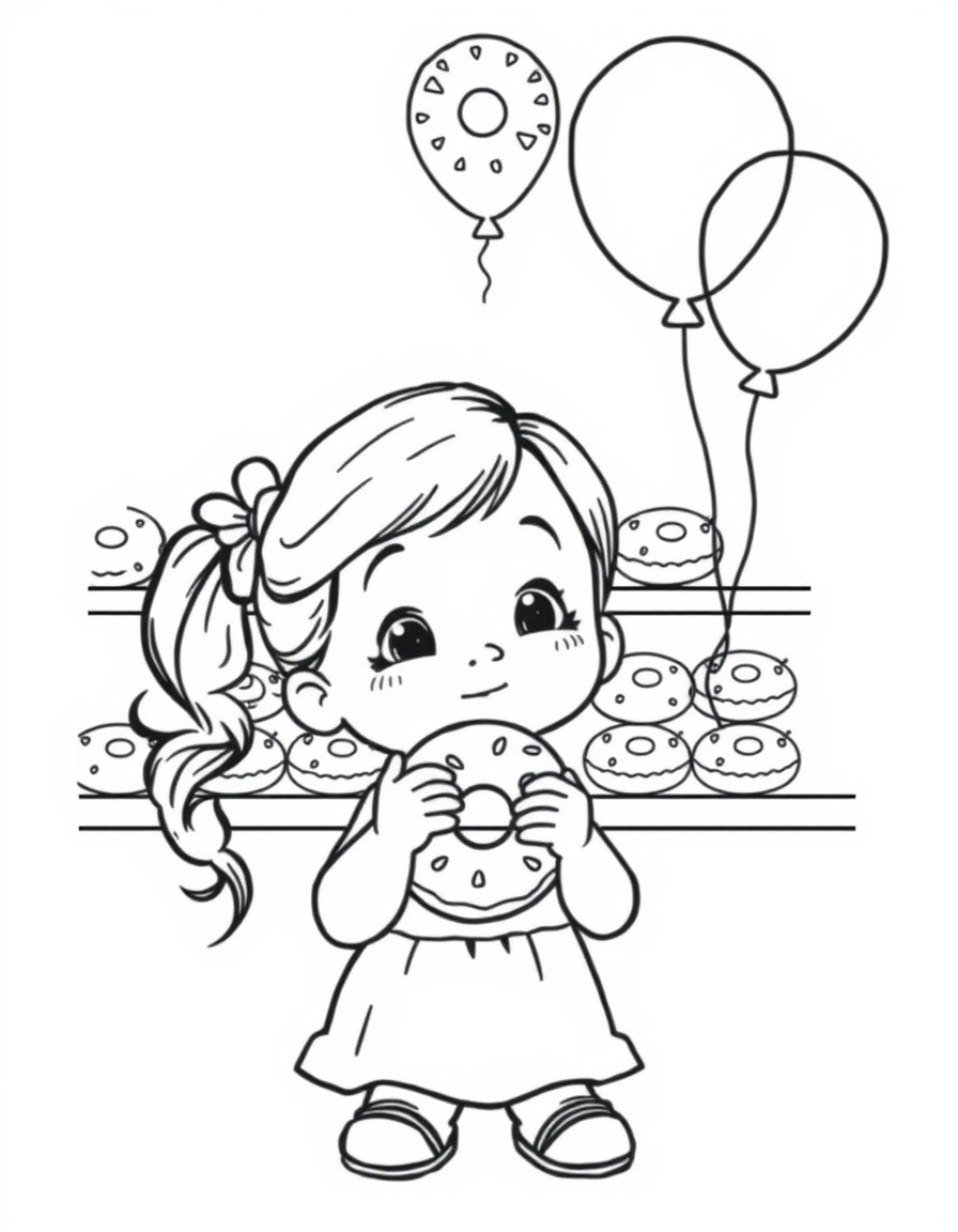 Little girl eating a donut lots of donuts on the shelf behind her helium balloons floating around