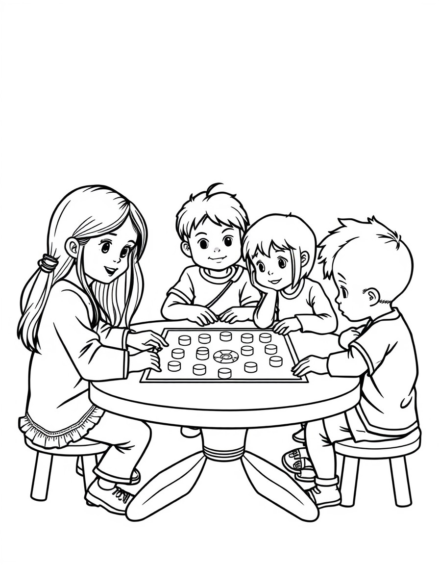 Five children playing a board game around the table 10-year-old girl with long hair 8-year-old girl with a long ponytail 6-year-old boy with skull cap 4-year-old boy with skull cap and a 22 months old