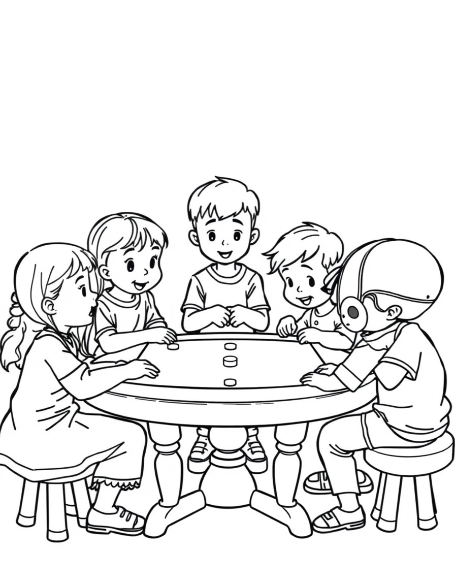 Five children playing a board game around the table 10-year-old girl with long hair 8-year-old girl with a long ponytail 6-year-old boy with skull cap 4-year-old boy with skull cap and a 22 months old