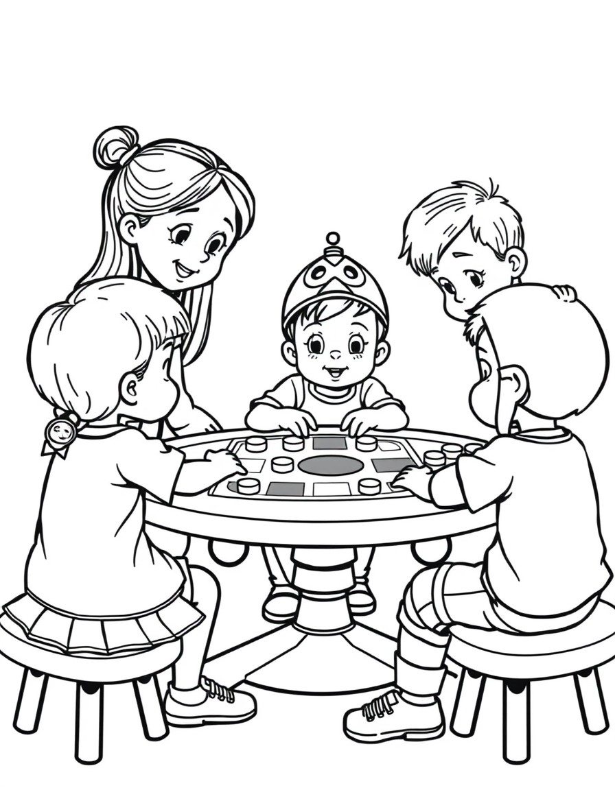 Five children playing a board game around the table 10-year-old girl with long hair 8-year-old girl with a long ponytail 6-year-old boy with skull cap 4-year-old boy with skull cap and a 22 months old