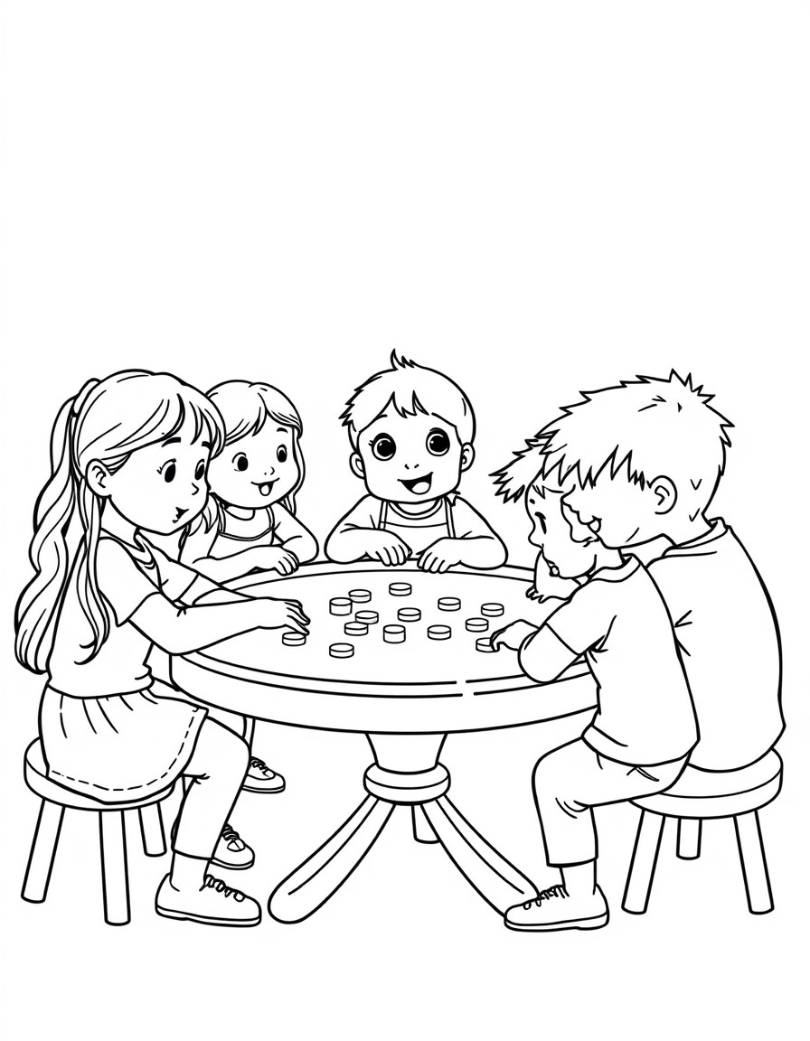 Five children playing a board game around the table 10-year-old girl with long hair 8-year-old girl with a long ponytail 6-year-old boy with skull cap 4-year-old boy with skull cap and a 22 months old