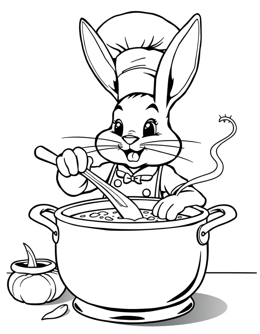 A bunny chef stirring soup in a big pot, wearing a tall chef hat