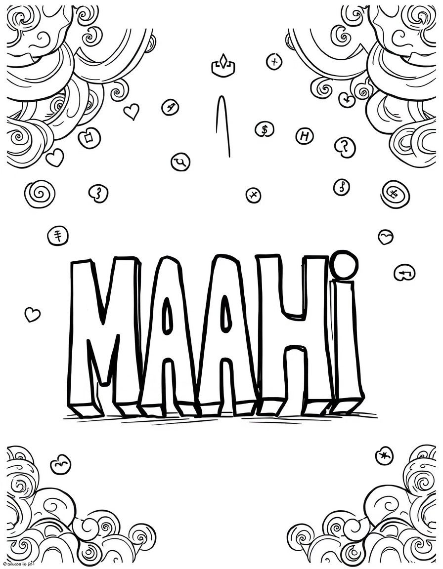 create a musical coloring page that says "MAAHI"