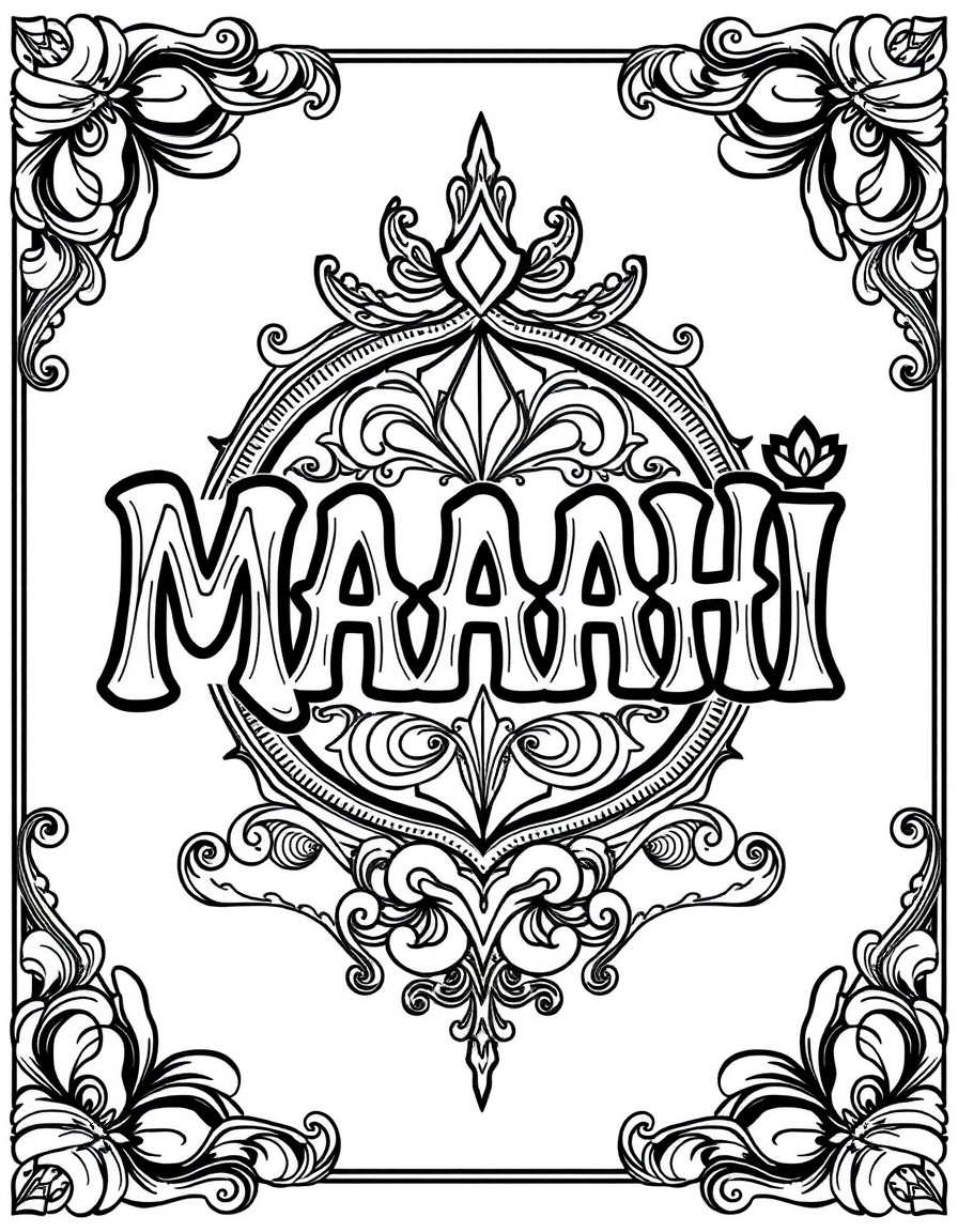 create a musical coloring page that says "MAAHI"