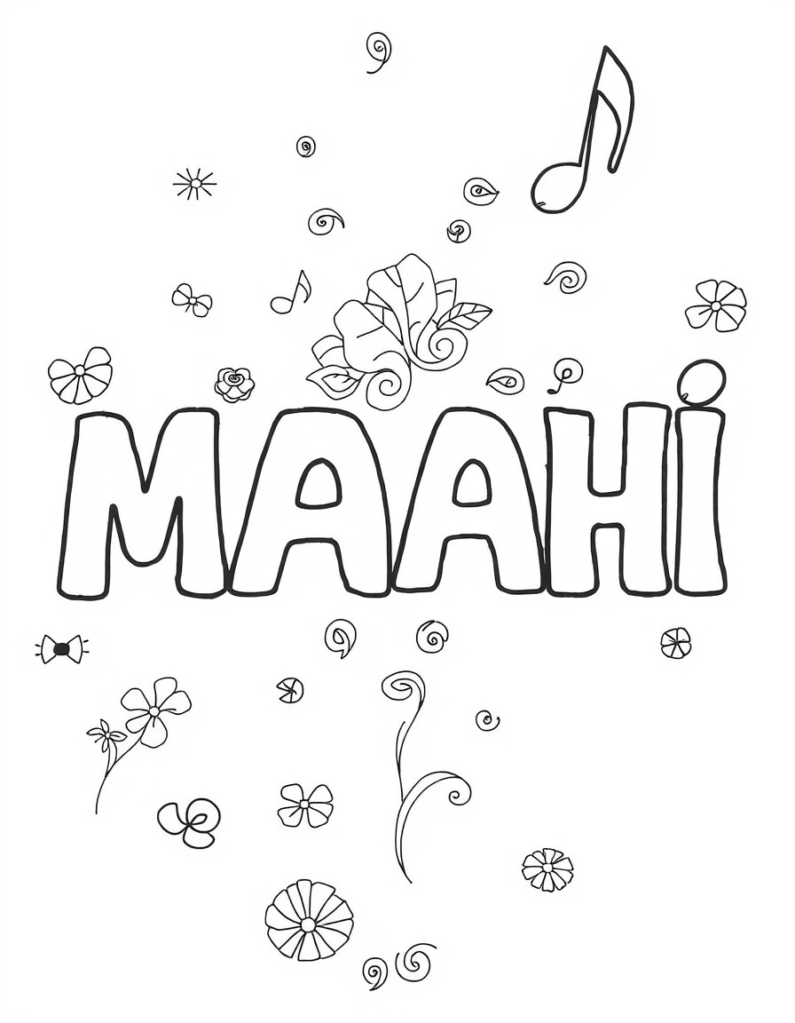 create a musical coloring page that says "MAAHI"