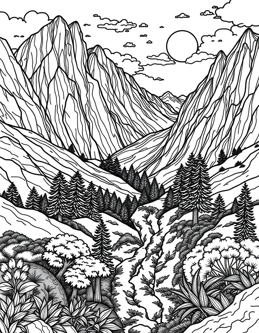 complex and realistic landscape coloring book for adult, black and white, no shadow