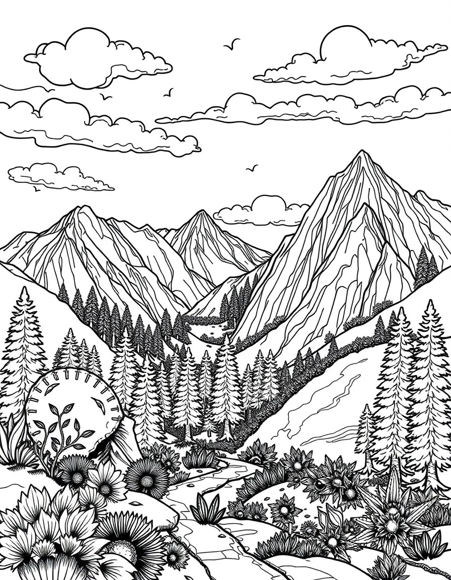 complex and realistic landscape coloring book for adult, black and white, no shadow