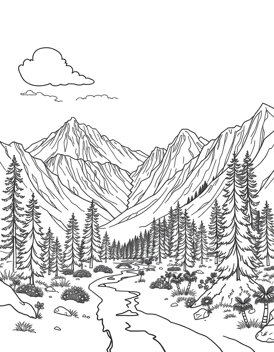 complex and realistic landscape coloring book for adult, black and white, no shadow