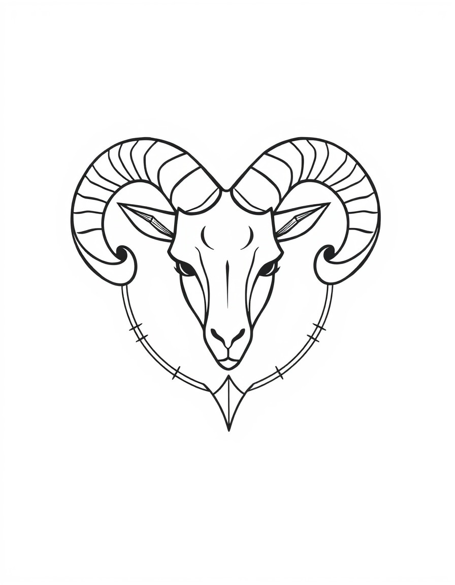 A sleek, minimalistic Aries symbol designed with sharp, clean lines and contemporary detailing. Incorporate geometric patterns and flowing curves around the Aries ram horns for added elegance. Ensure