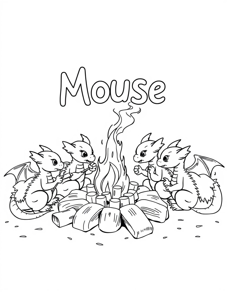 A squad of baby dragons roasting marshmallows around a campfire that spells 'Mouse' in smoke