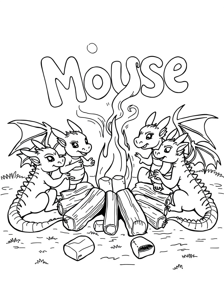 A squad of baby dragons roasting marshmallows around a campfire that spells 'Mouse' in smoke