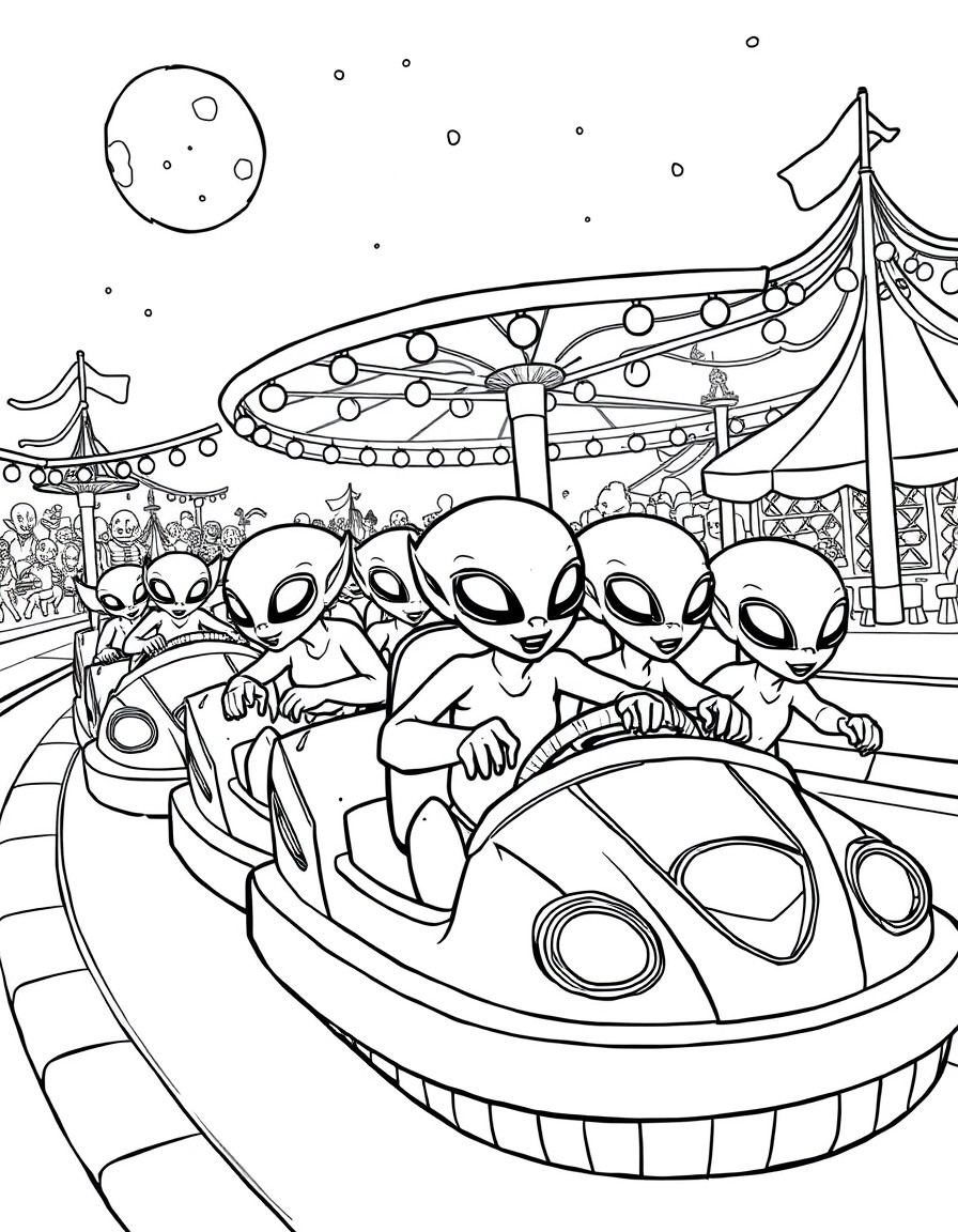 A swarm of playful aliens riding bumper cars on a faraway planet carnival