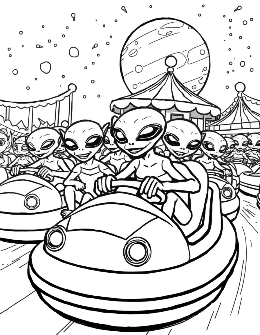 A swarm of playful aliens riding bumper cars on a faraway planet carnival