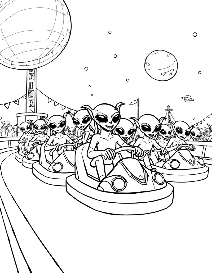 A swarm of playful aliens riding bumper cars on a faraway planet carnival