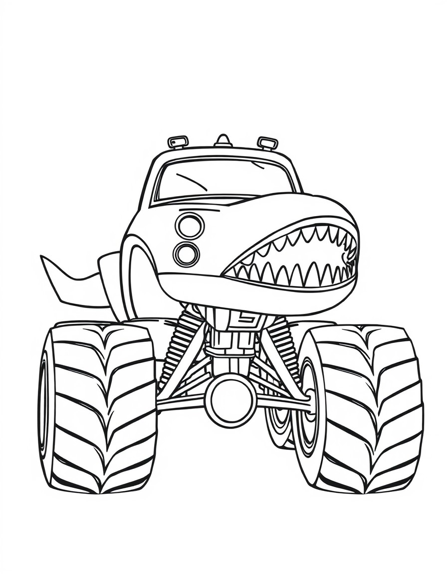 a monstertruck with a shark tail