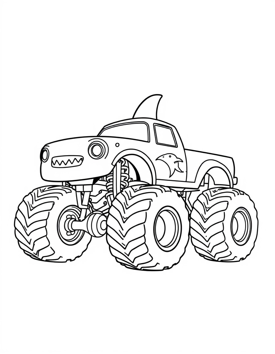 a monstertruck with a shark tail