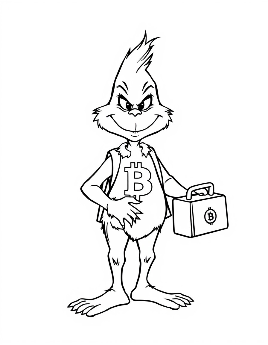 Baby grinch with a bitcoin lunchbox in school