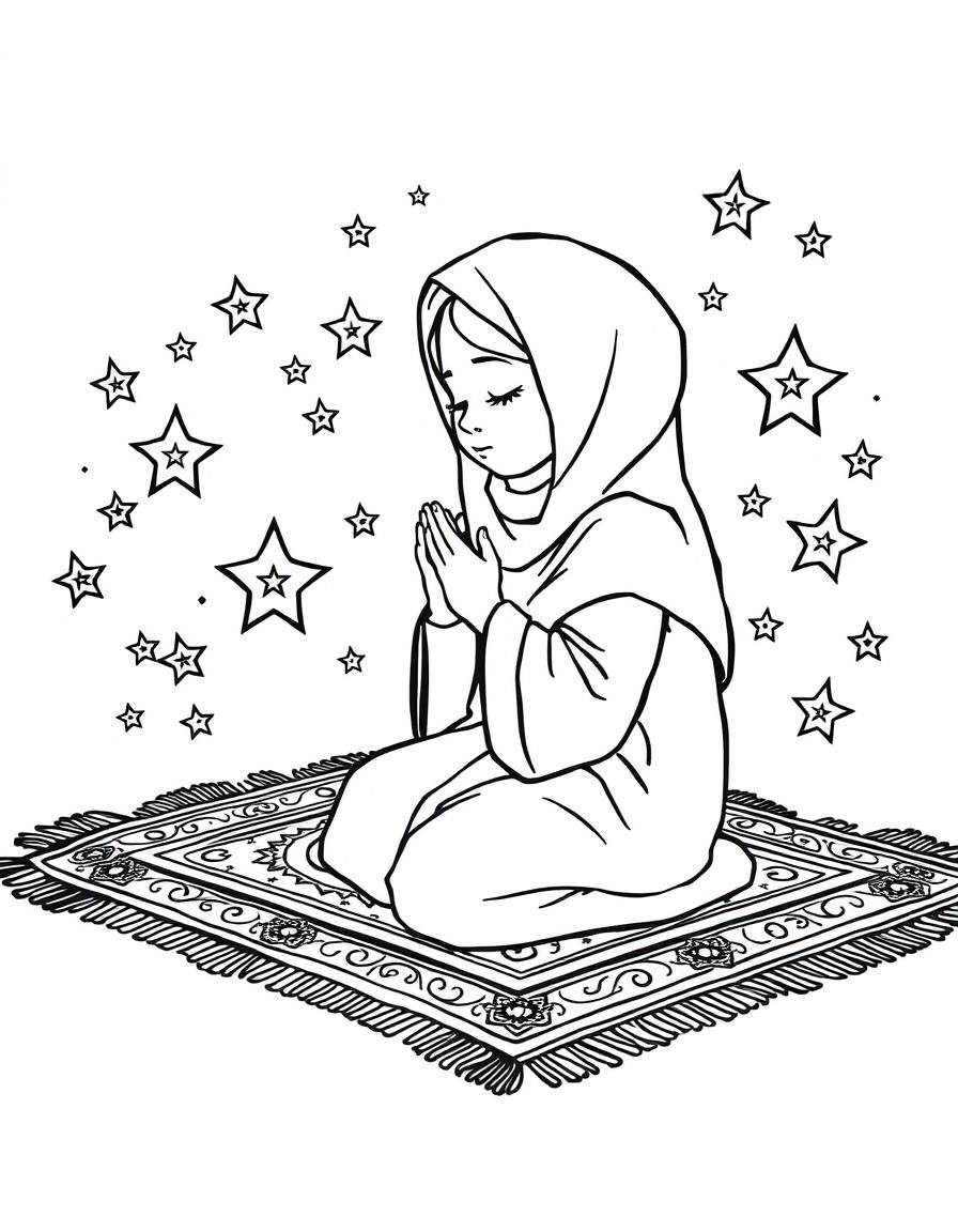 A Muslim girl praying on a prayer rug surrounded by stars