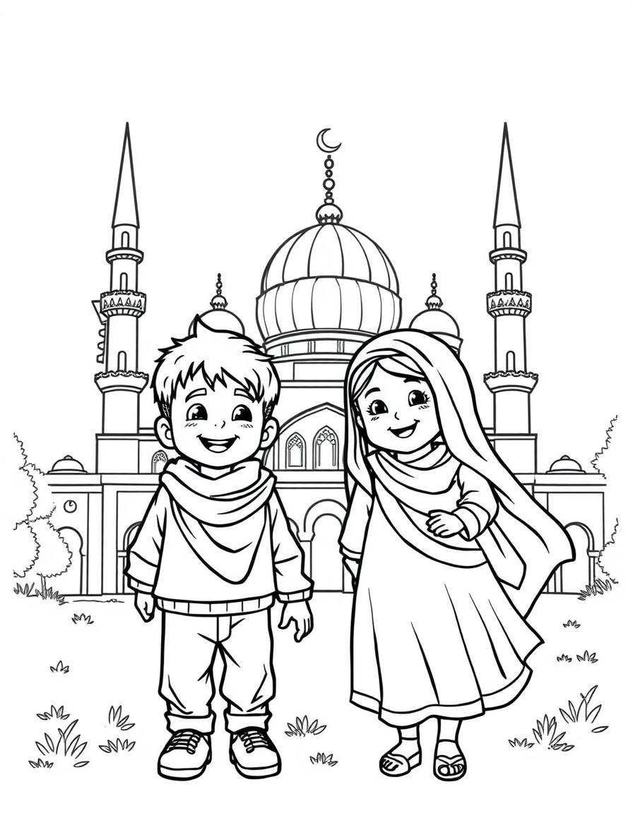 A boy and a girl joyful mosque in the backround