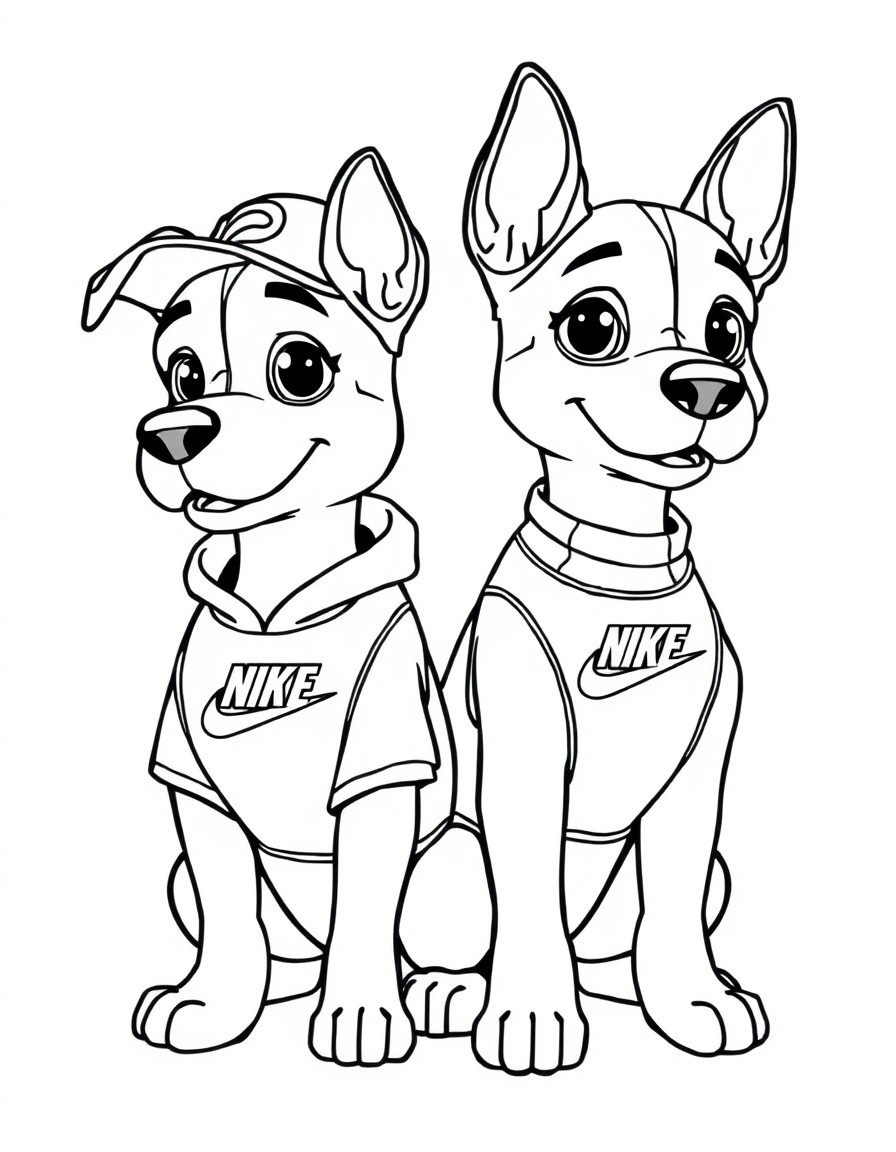 two male and female dogs dressed in Nike clothing in the background 'JHON y BEA'