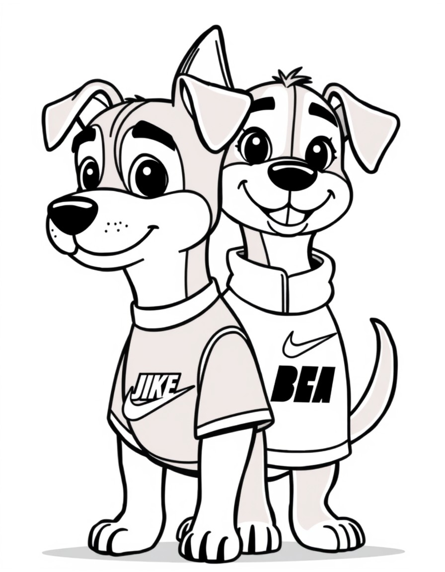 two male and female dogs dressed in Nike clothing in the background 'JHON y BEA'