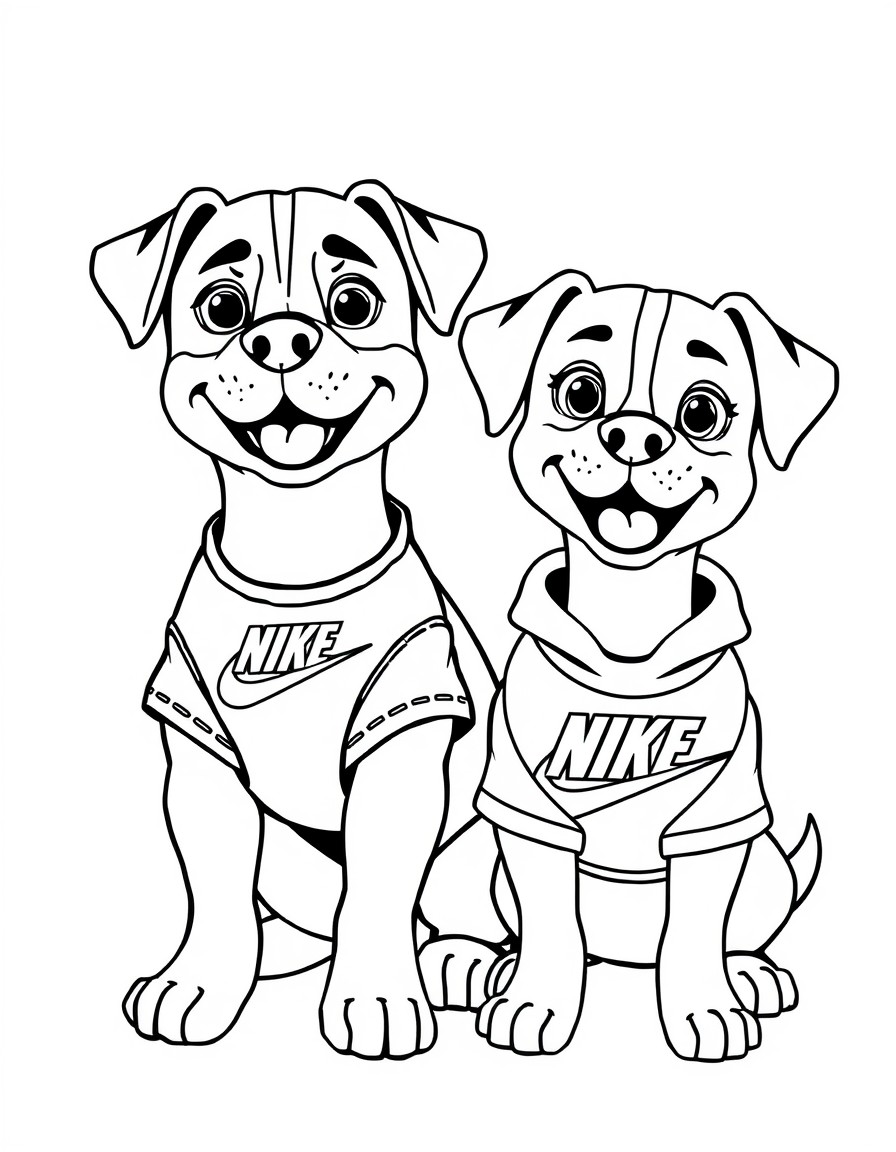 two male and female dogs dressed in Nike clothing in the background 'JHON y BEA'