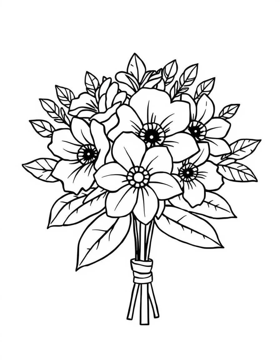 Create a bold and easy, no colors, coloring page of a a cute bold Flower Crown Bouquet  WITH  bold lines, simple design