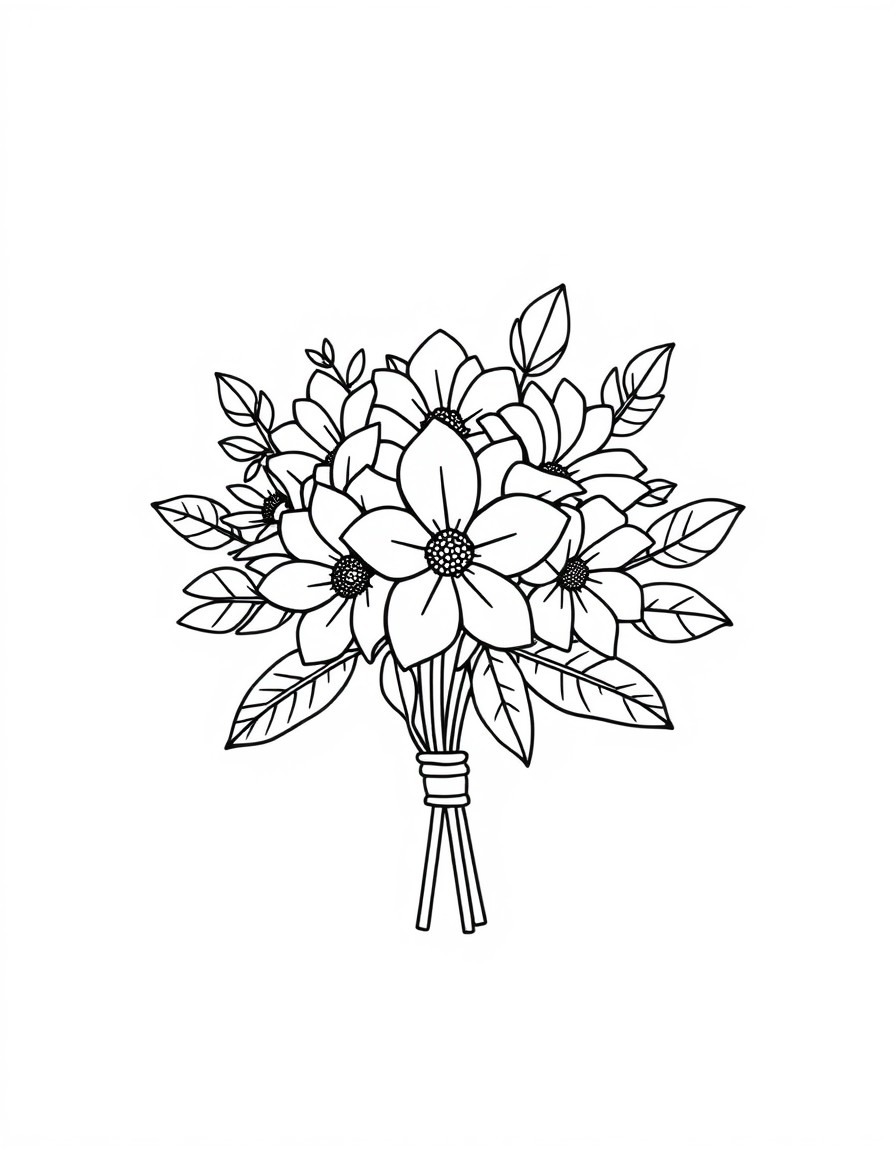 Create a bold and easy, no colors, coloring page of a a cute bold Flower Crown Bouquet  WITH  bold lines, simple design