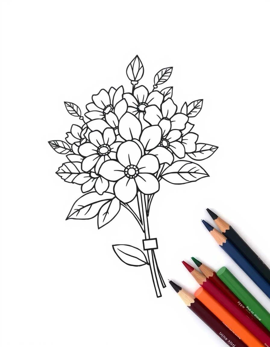 Create a bold and easy, no colors, coloring page of a a cute bold Flower Crown Bouquet  WITH  bold lines, simple design