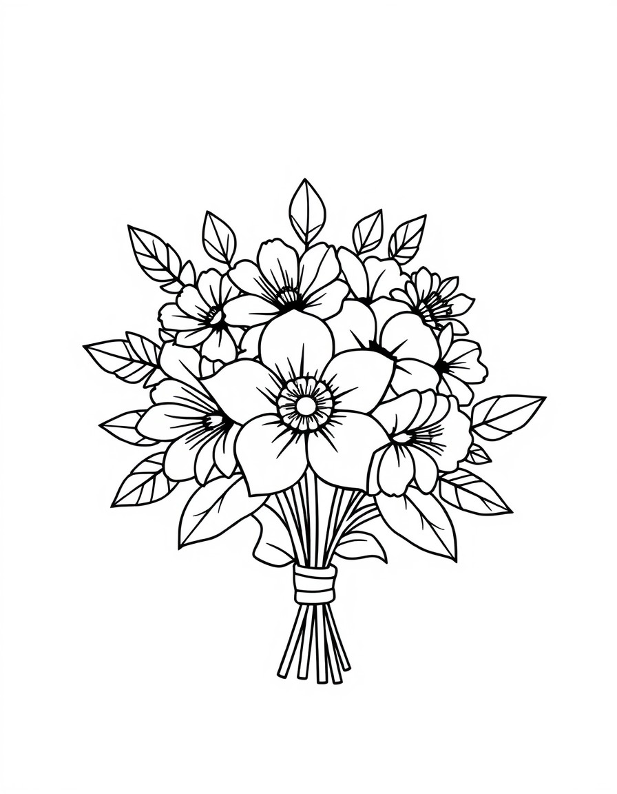 Create a bold and easy, no colors, coloring page of a a cute bold Flower Crown Bouquet  WITH  bold lines, simple design