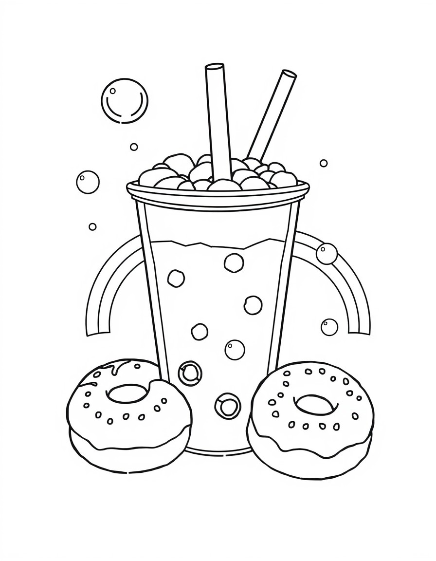 bubble tea and mochi donuts, cute, with bubbles and rainbows