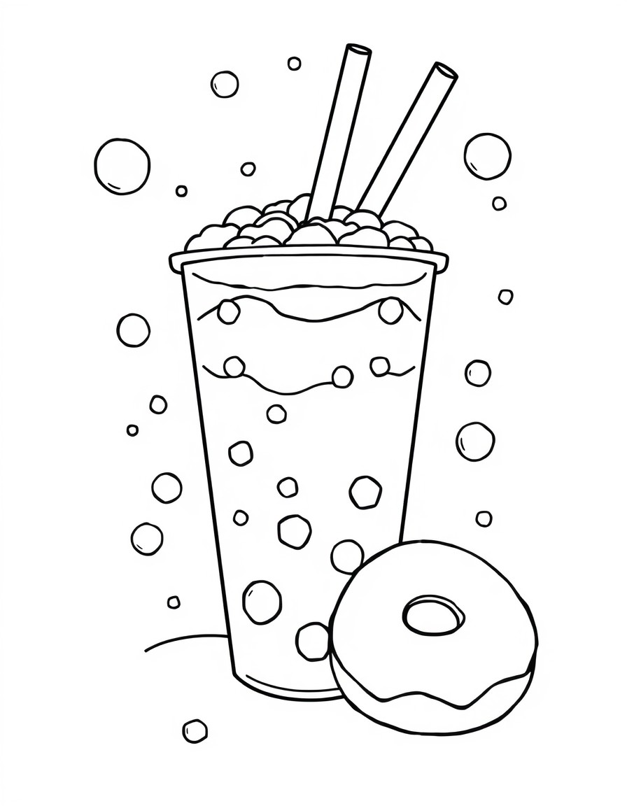 bubble tea and mochi donuts, cute, with bubbles and rainbows