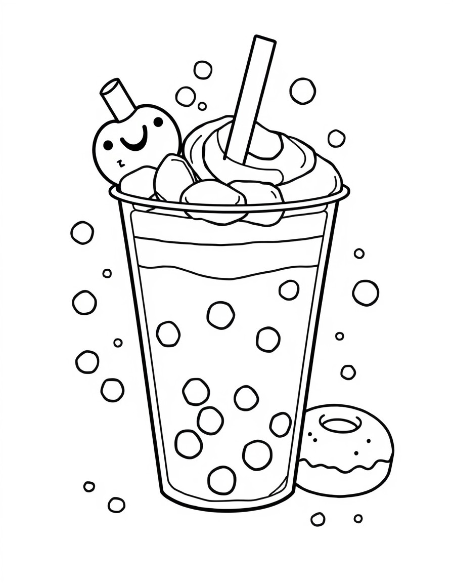 bubble tea and mochi donuts, cute, with bubbles and rainbows