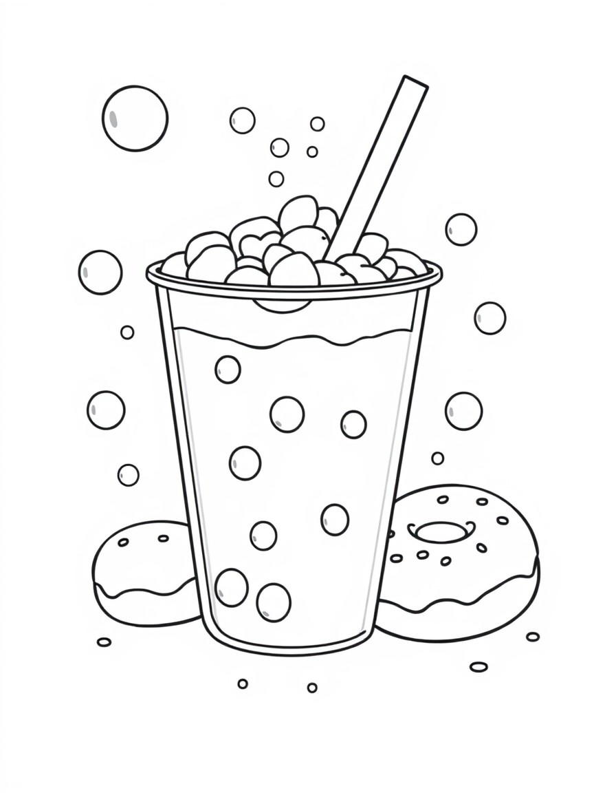 bubble tea and mochi donuts, cute, with bubbles and rainbows