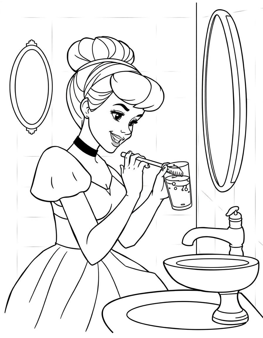 Cinderella is in the bathroom brushing her teeth. There is a glass full of water next to her, but the tap is not running.