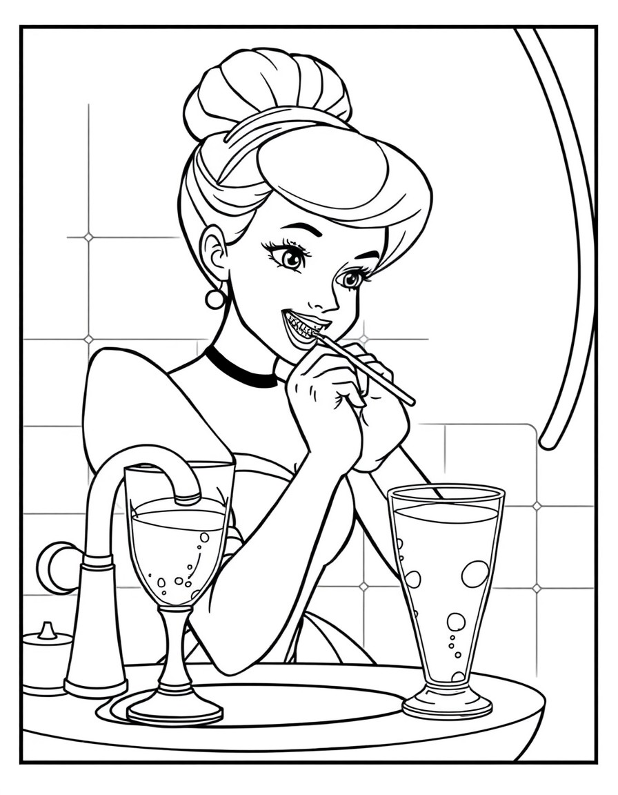 Cinderella is in the bathroom brushing her teeth. There is a glass full of water next to her, but the tap is not running. She brushes her teeth
