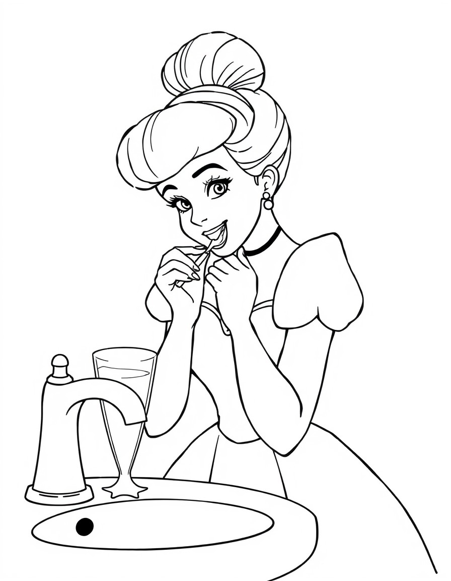 Cinderella is in the bathroom brushing her teeth. There is a glass full of water next to her, but the tap is not running. She brushes her teeth