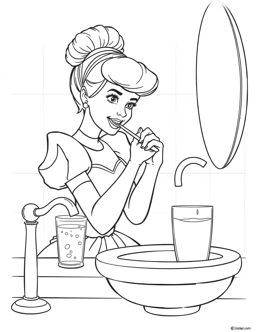 Cinderella is in the bathroom brushing her teeth. There is a glass full of water next to her, but the tap is not running. She brushes her teeth