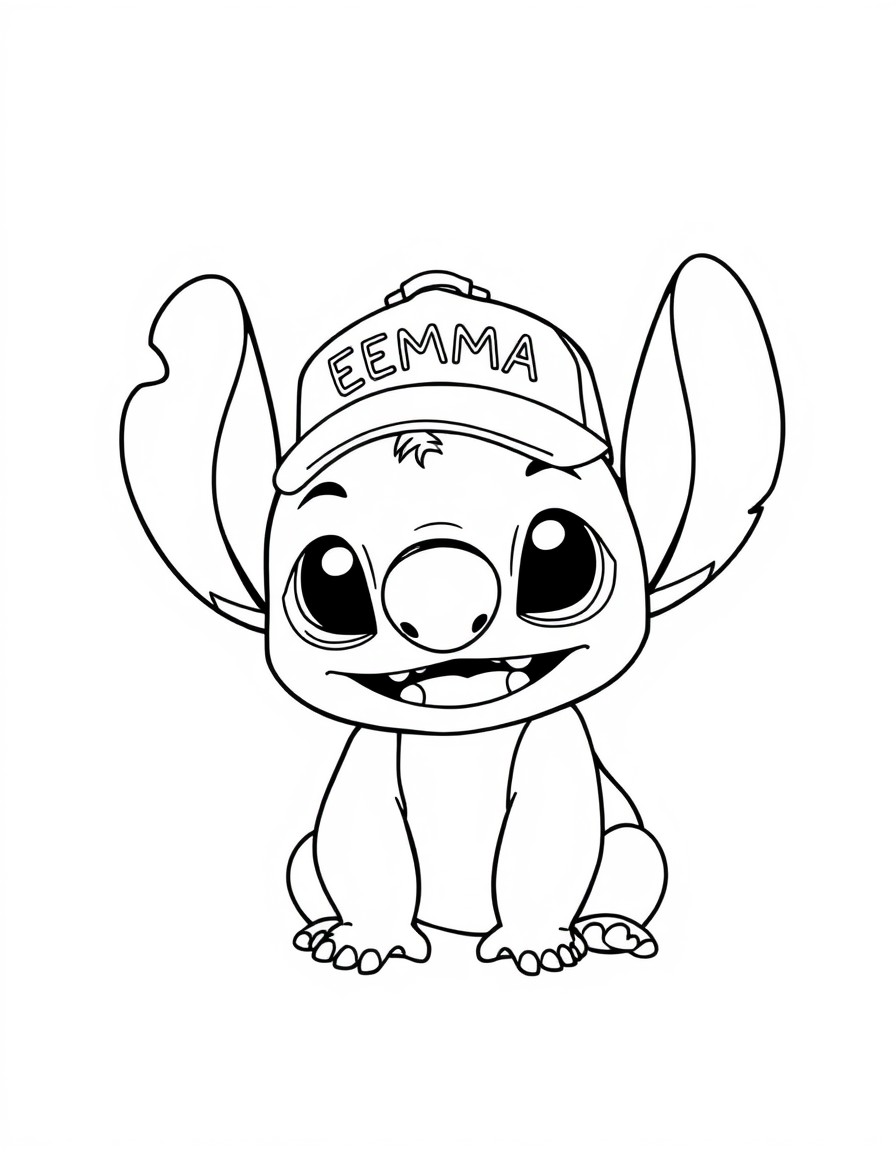 "A cute Stitch with a cap that has the name 'EMMA' on it"