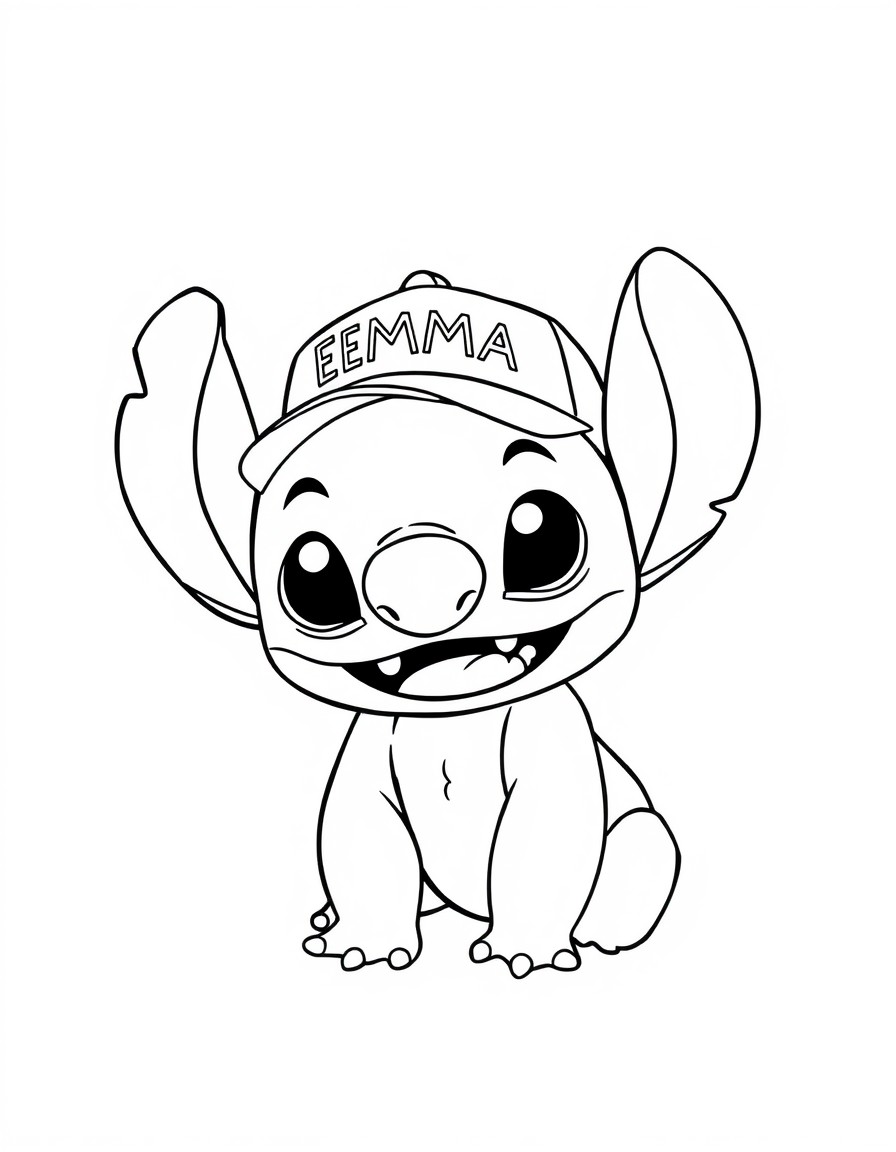 "A cute Stitch with a cap that has the name 'EMMA' on it"