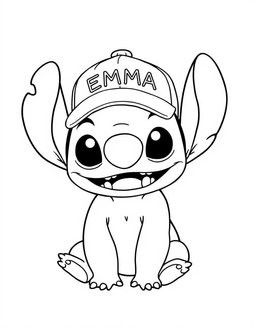 "A cute Stitch with a cap that has the name 'EMMA' on it"