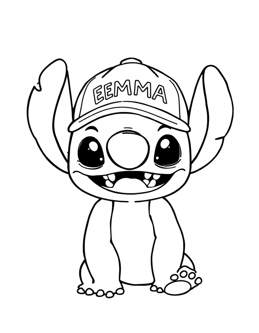 "A cute Stitch with a cap that has the name 'EMMA' on it"