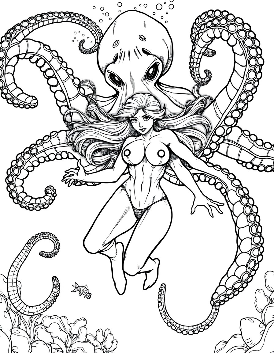 Beautiful muscular girls swimming underwater gets attacked by a giant octopus with massive tentacles wrapping around her