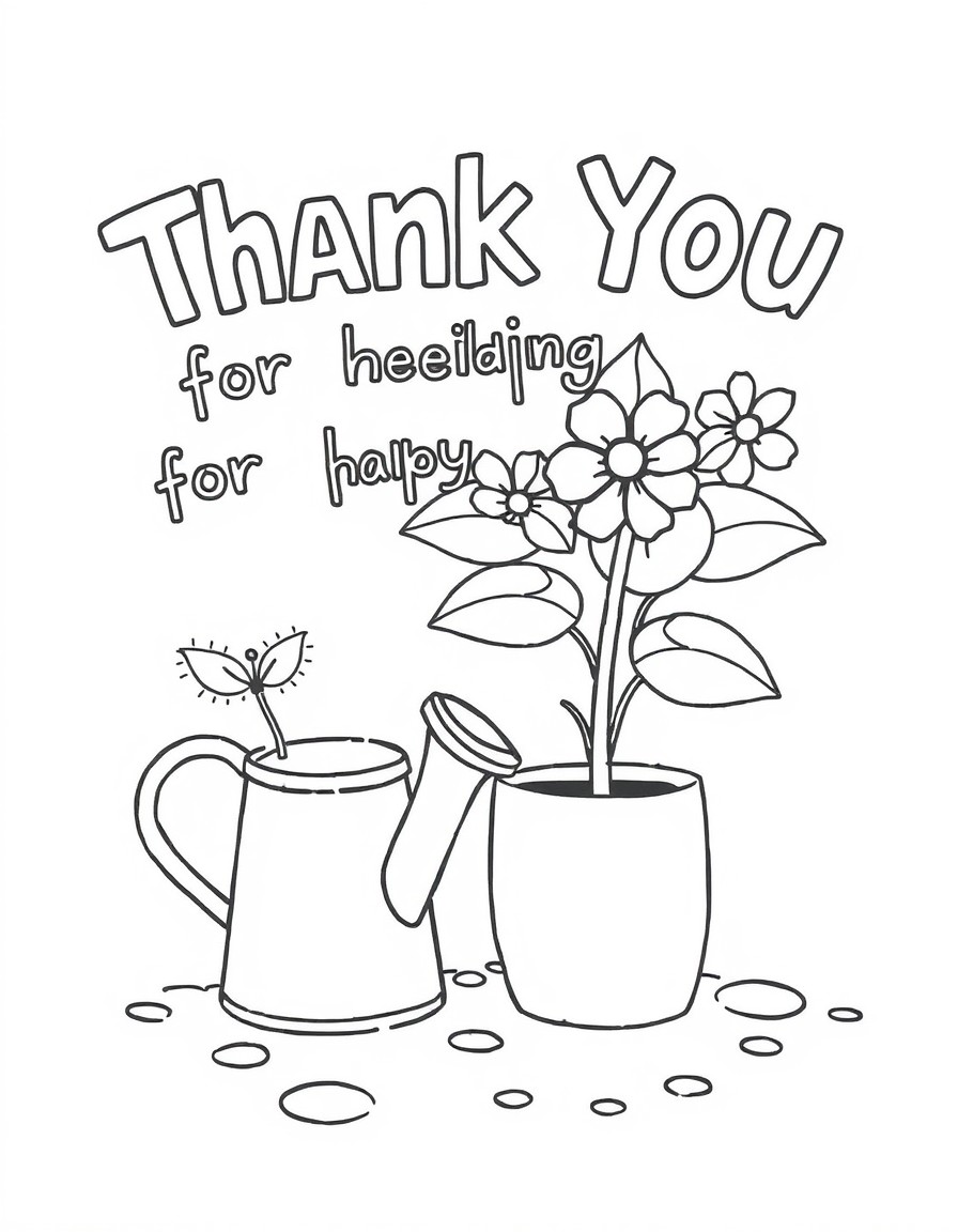 create a coloring in thank you card that says thank you for helping me grow, include a plant and a watering can