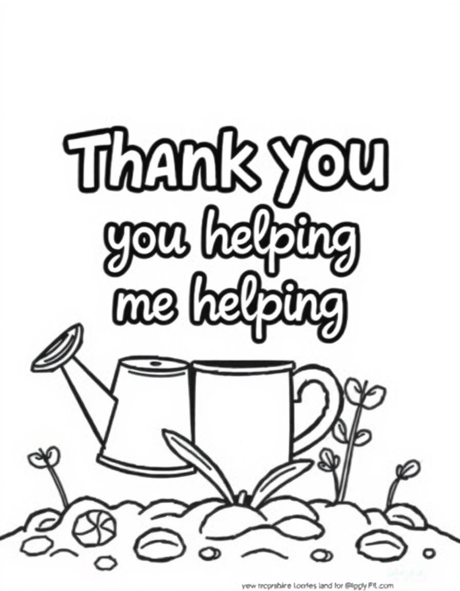 create a coloring in thank you card that says "Thank you for helping me grow", include a plant and a watering can