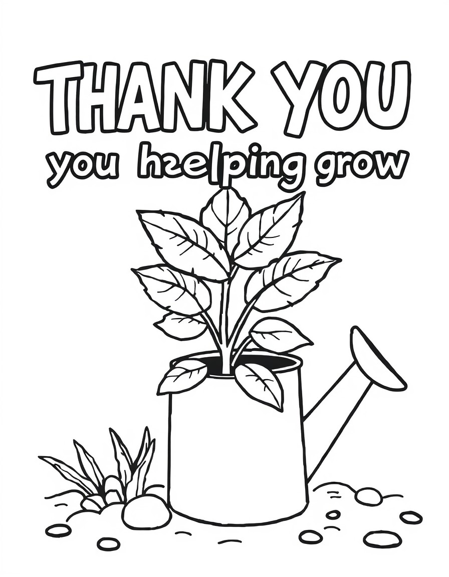 create a coloring in thank you card that says "Thank you for helping me grow", include a plant and a watering can