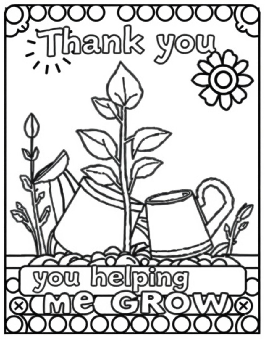 create a coloring in thank you card that says "Thank you for helping me grow", include a plant and a watering can